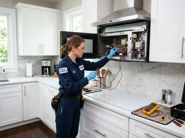 Appliance Repair Hero technician testing an over-the-range microwave in a Ashland City, TN kitchen